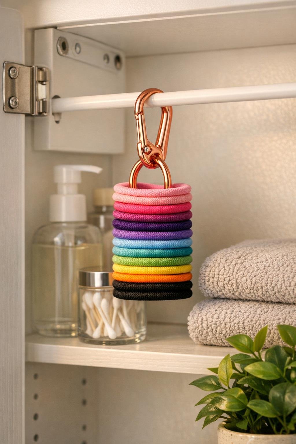 Finished bathroom hair tie organizer inside a white medicine cabinet