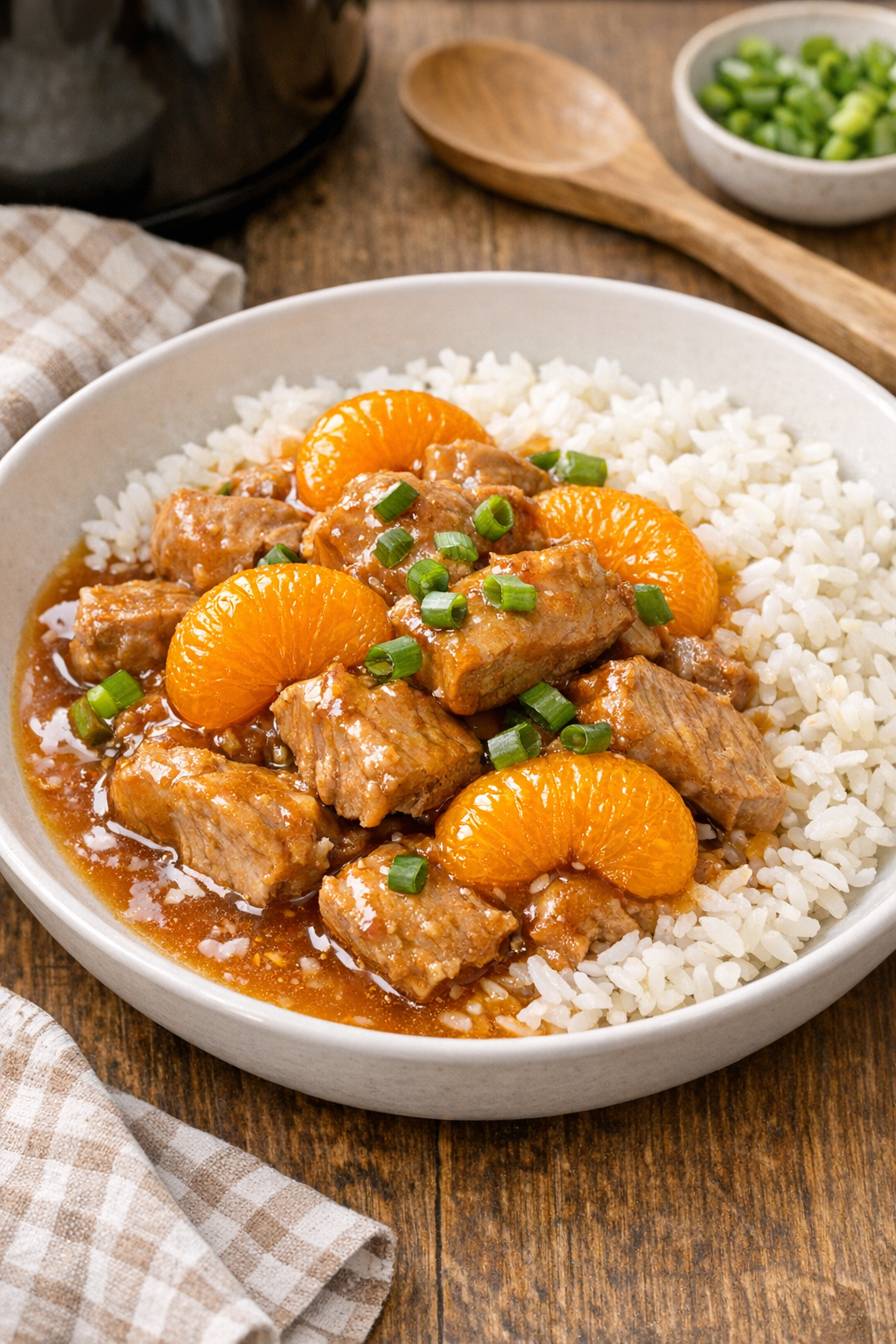 Plated slow cooker mandarin pork with rice