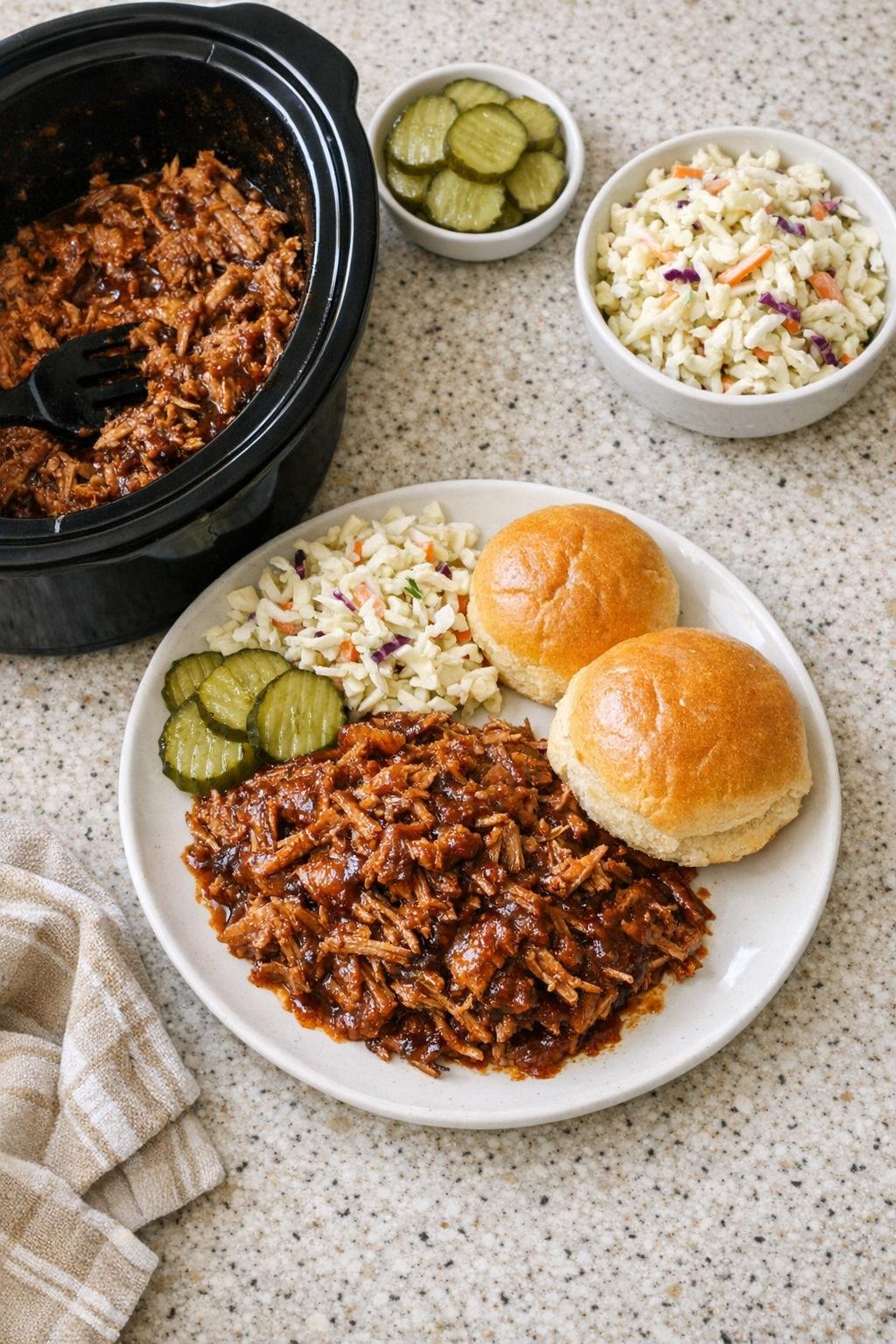 Finished pulled pork plated with sides