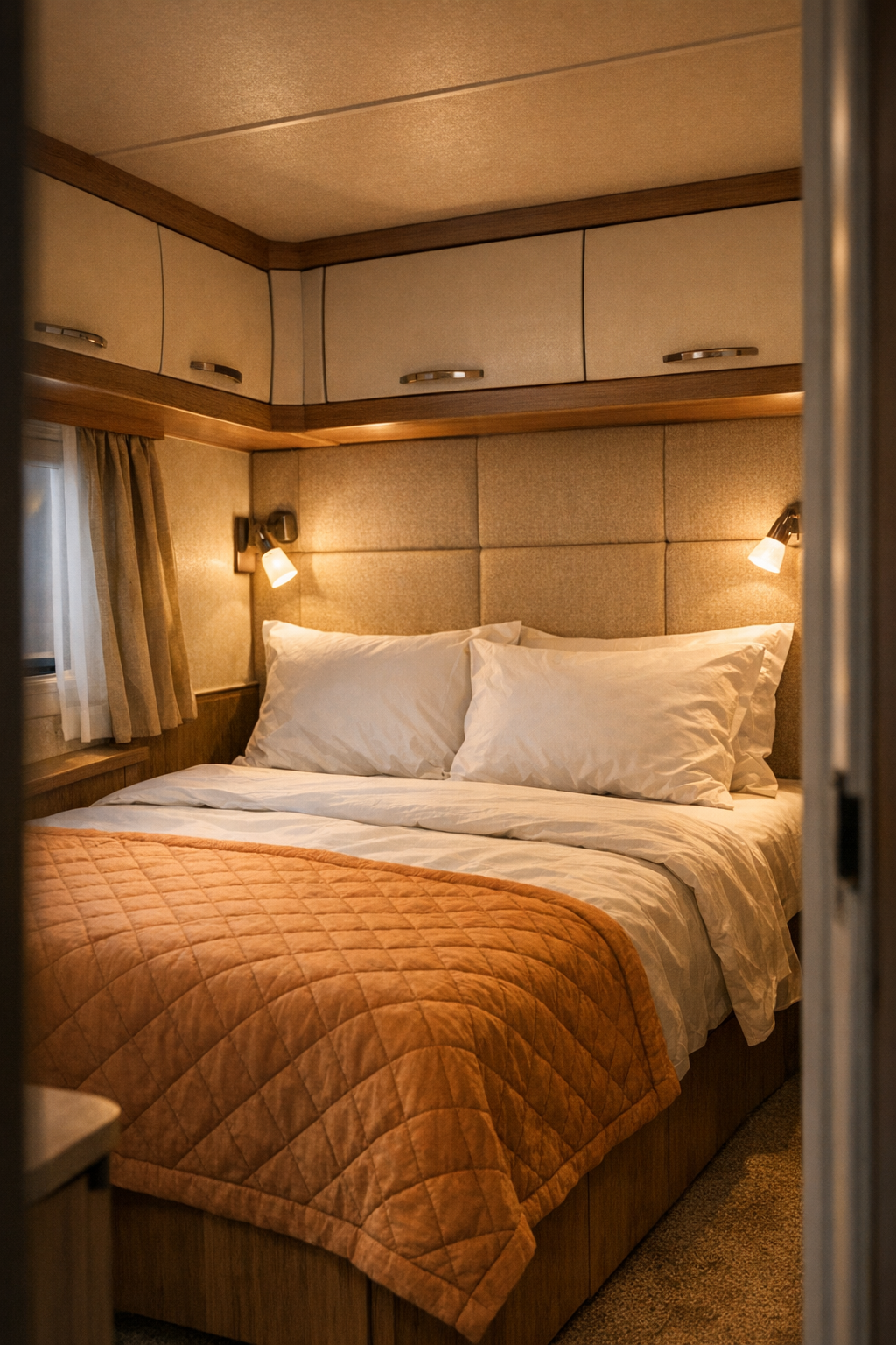Serene RV bedroom with apricot coverlet, upholstered wall panels, and built-in storage