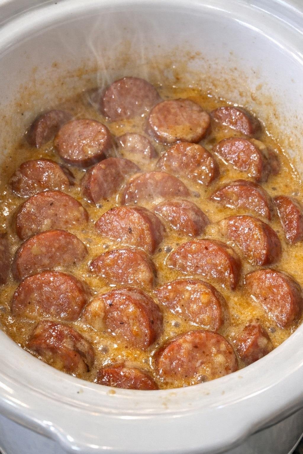 Slow cooker beer cheese sausage bites in a white crock