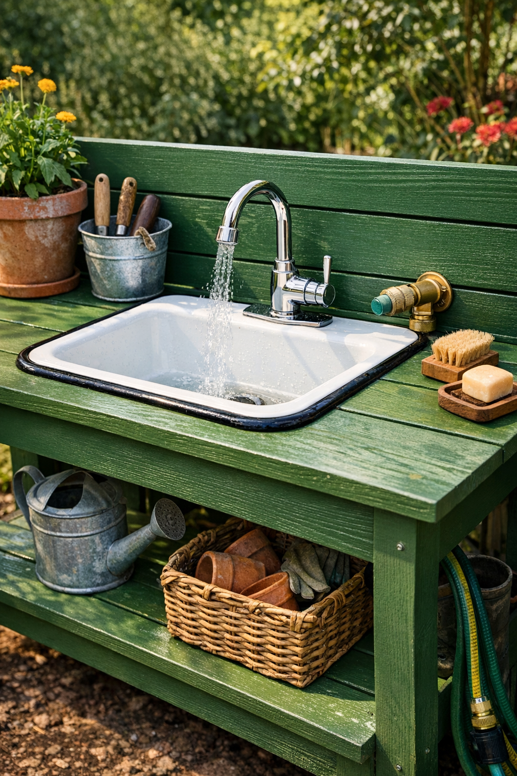Finished outdoor garden sink made from a vintage enamel basin mounted in a painted wooden potting bench