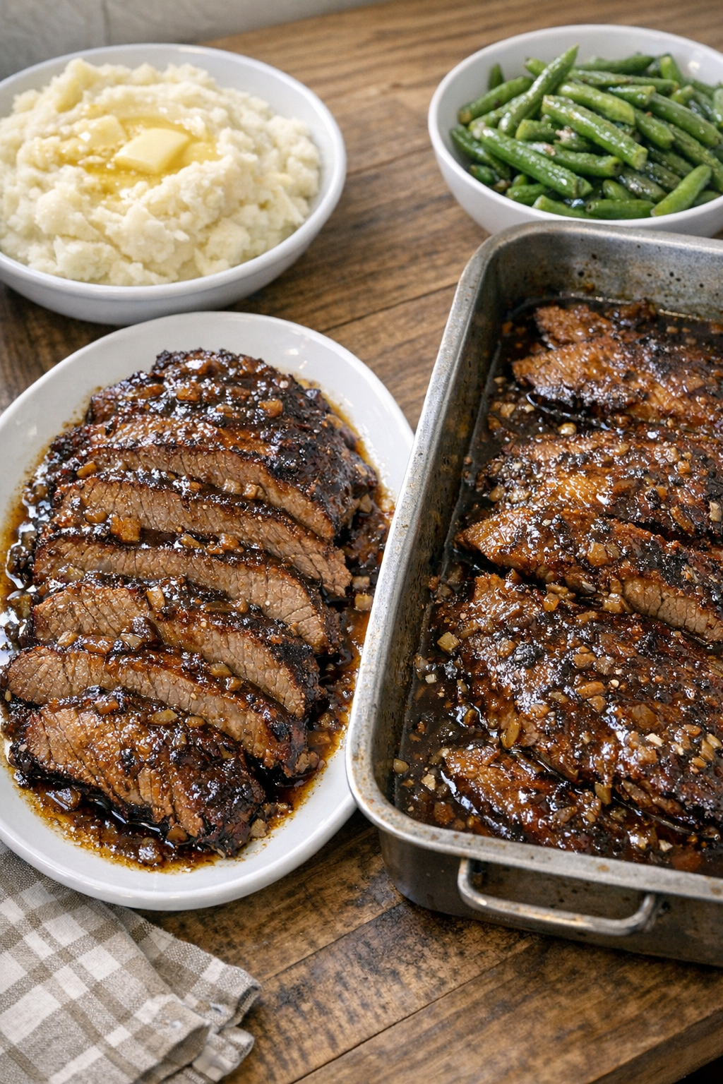 Finished Amish-style baked brisket sliced and glazed on a platter