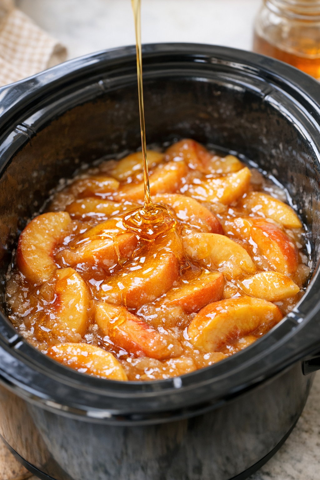 Peach filling and honey spread in the bottom of a slow cooker