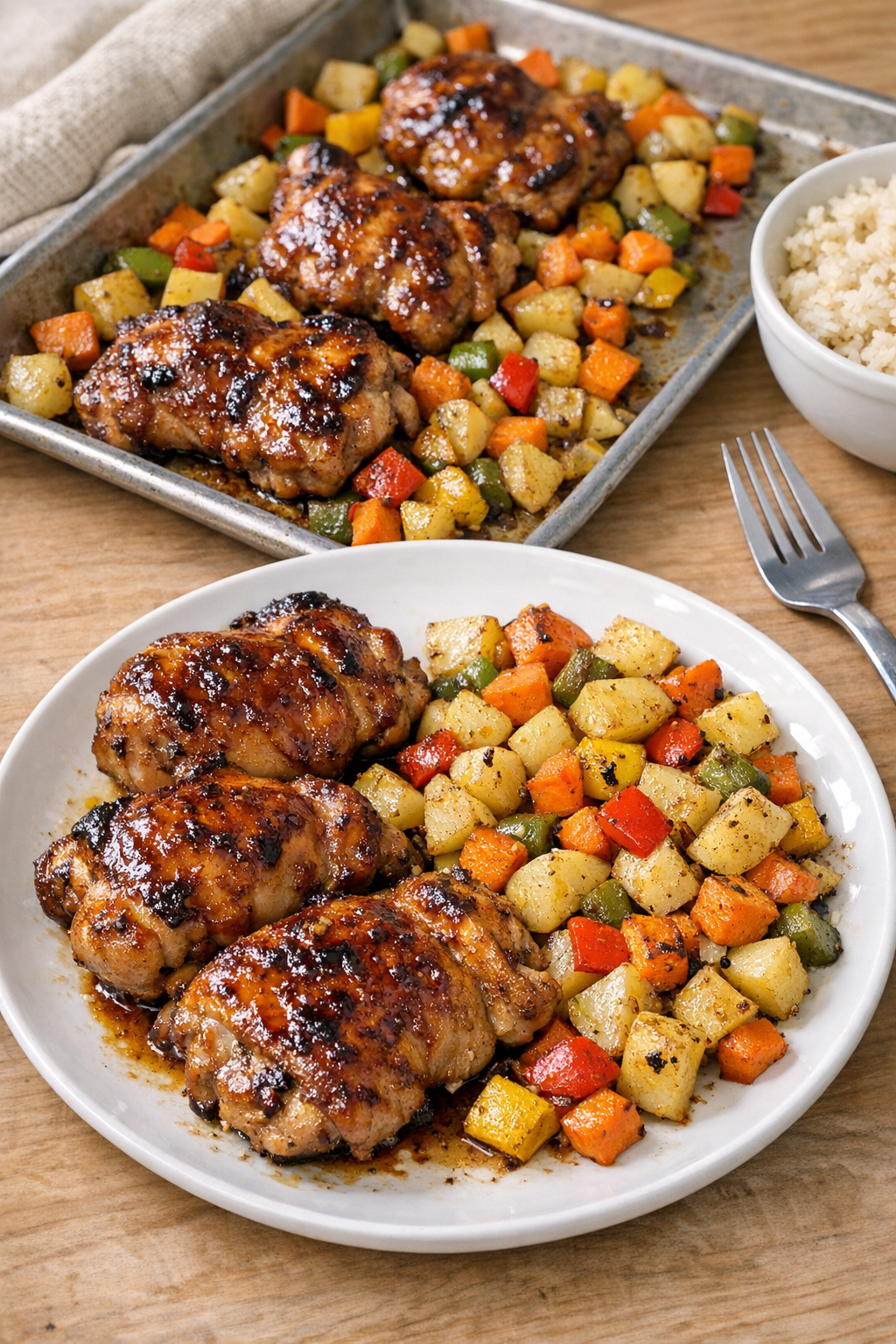Finished baked chicken thighs with roasted vegetables in a metal pan