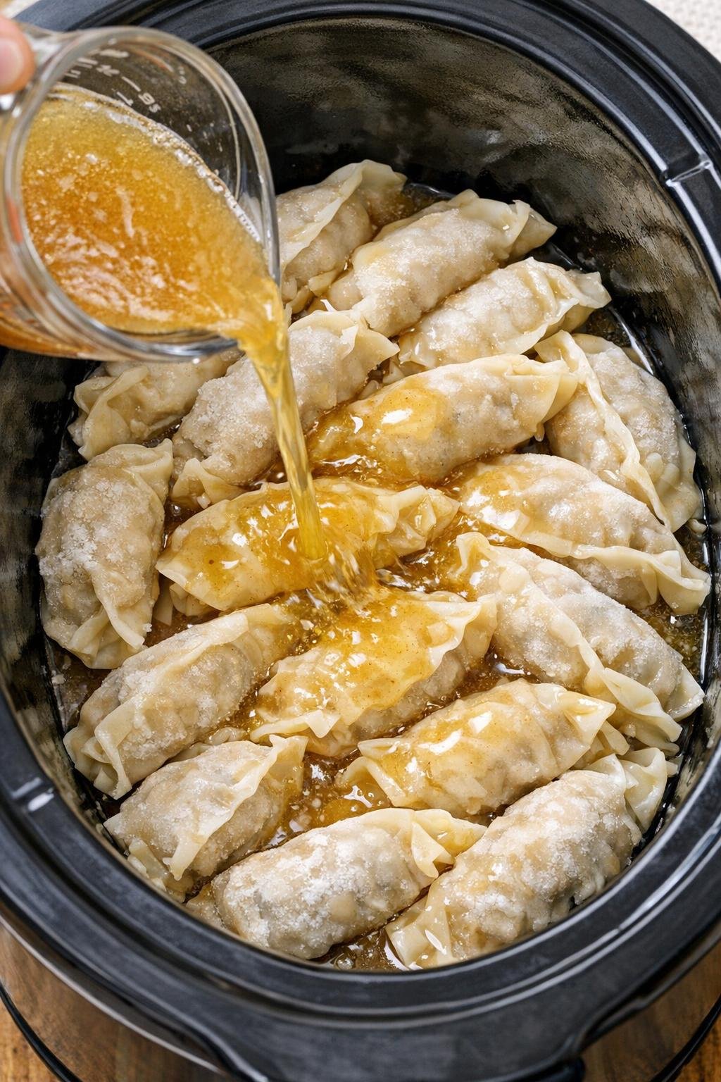 Sauce poured over potstickers in slow cooker