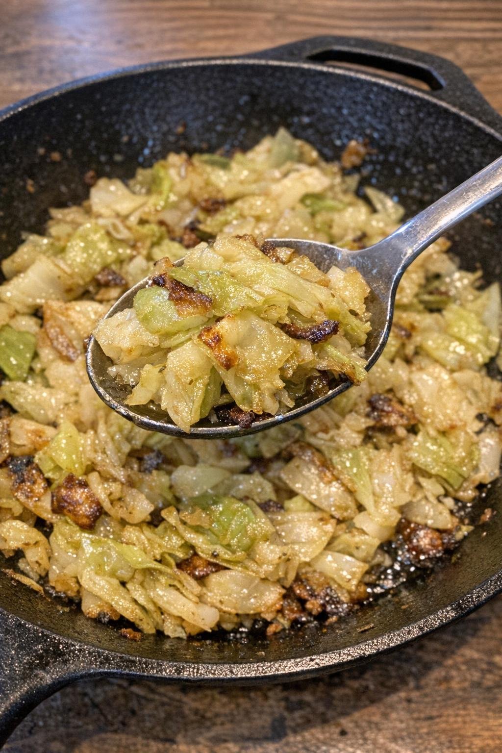 Buttery wilted green cabbage with crispy browned edges in a cast iron skillet