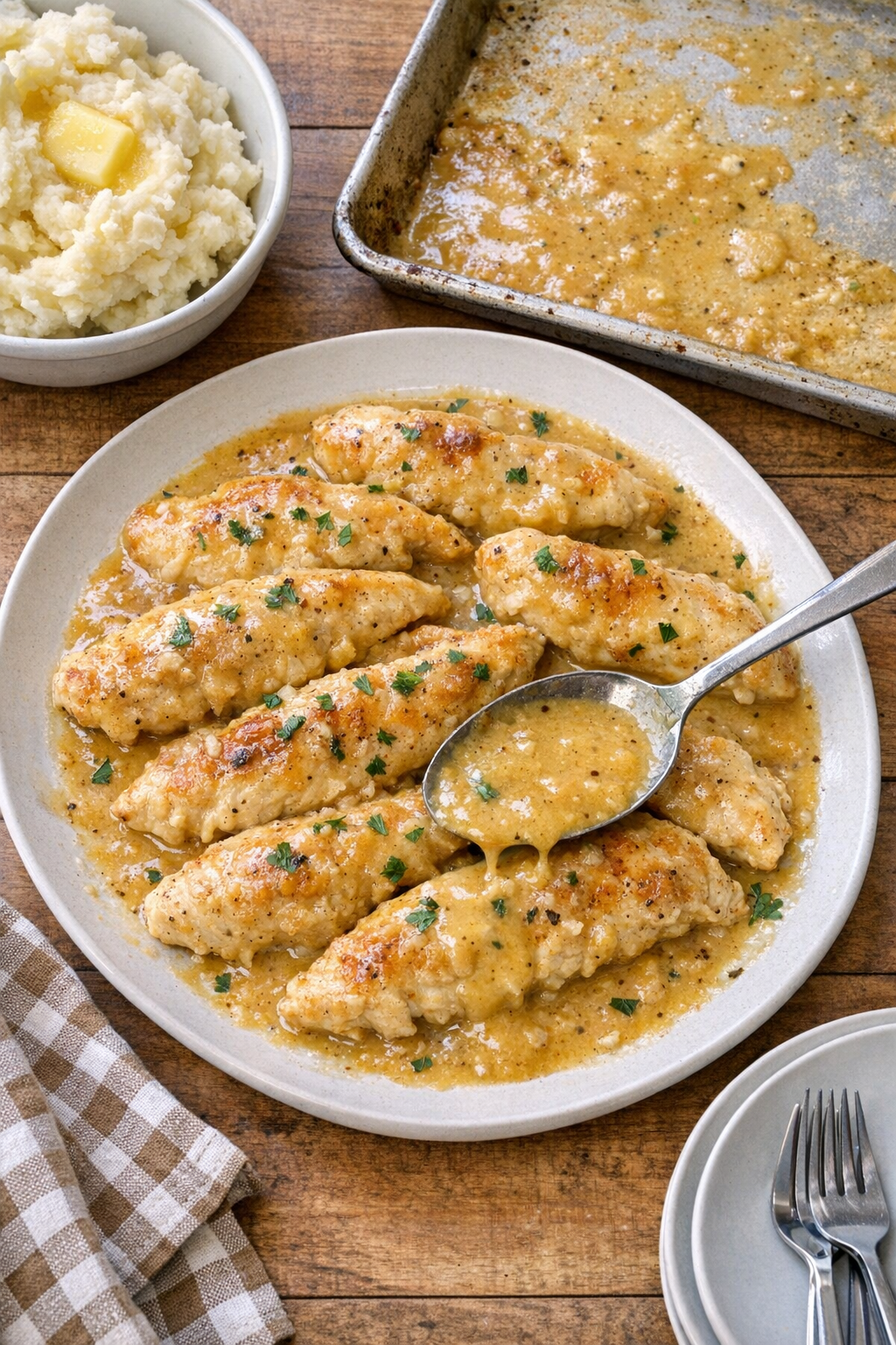 Finished baked chicken tenderloins in creamy savory sauce