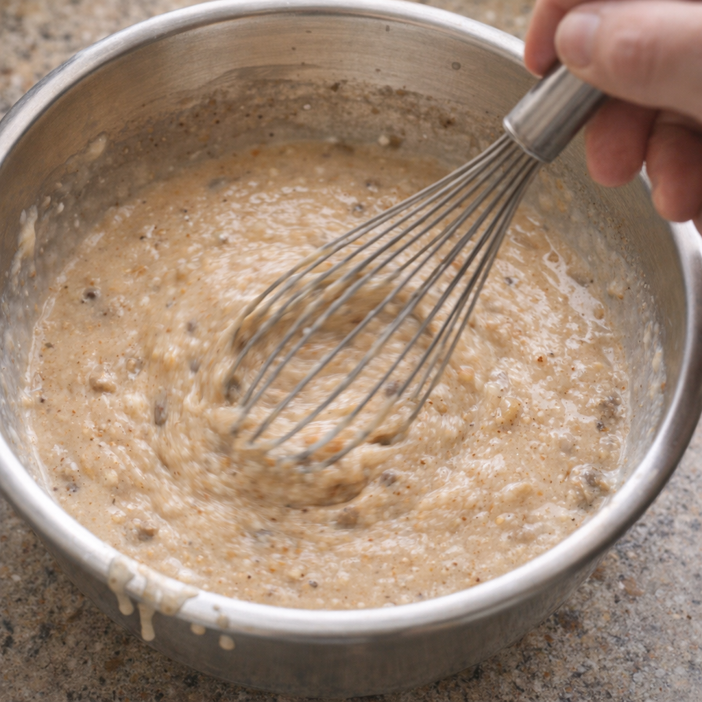 Soup and broth mixture being whisked in a bowl