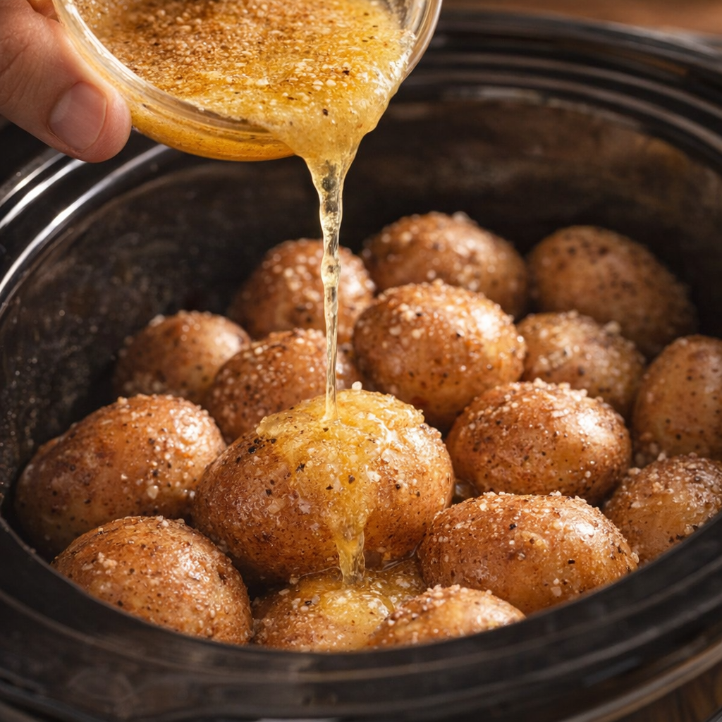 Butter and seasoning being poured over potatoes