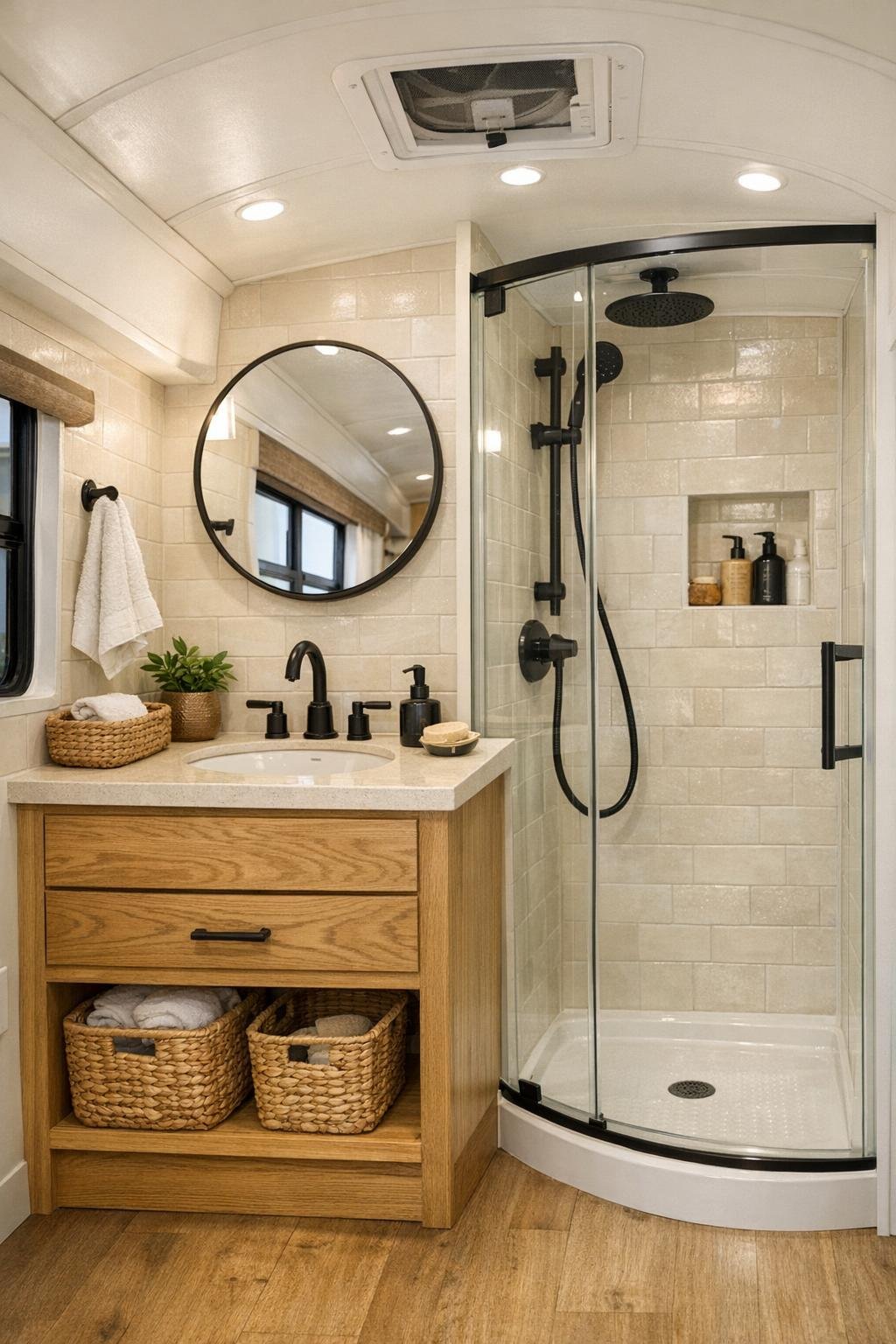 Bright compact bathroom in the bus with oak vanity, round mirror, and glass shower