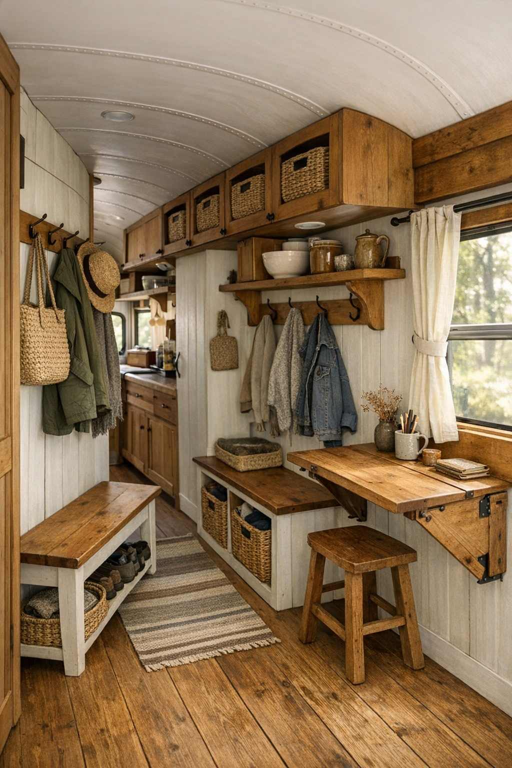 Thoughtful entry and corridor area in a converted bus with storage, bench, and rustic details