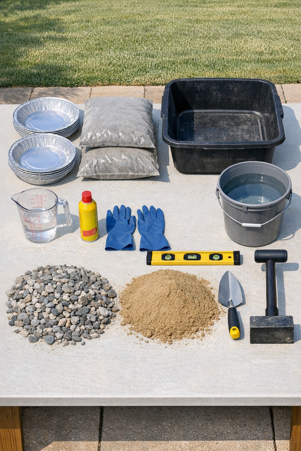 Materials for making scalloped cement patio edging laid out on a work surface