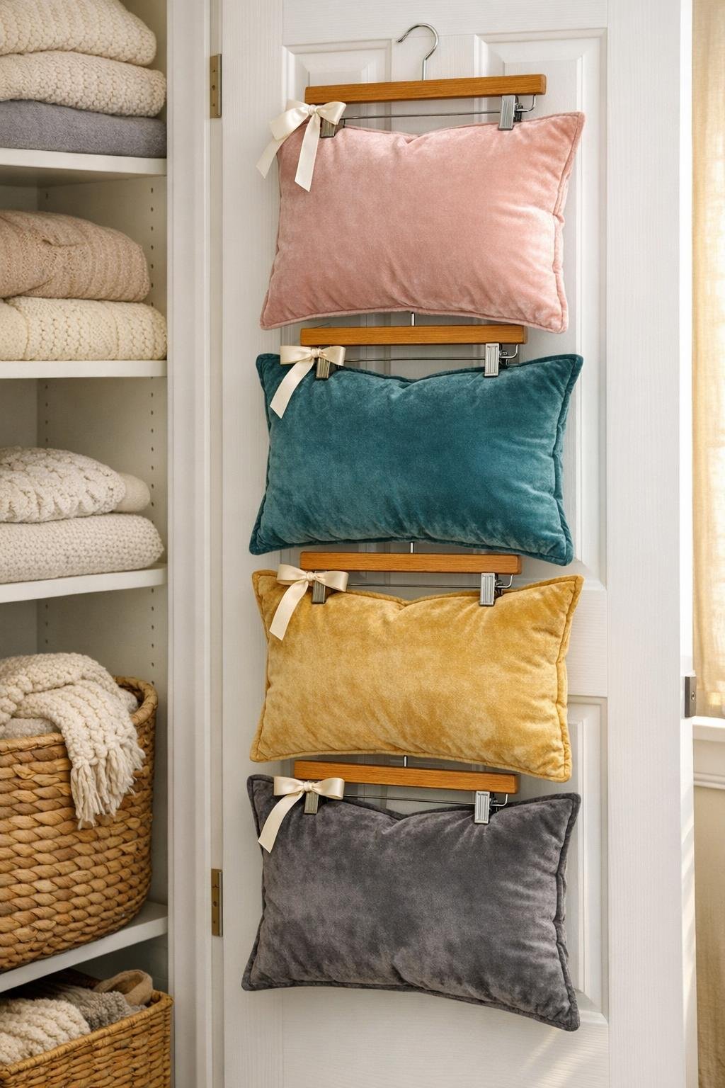 Finished pillow storage inside closet door