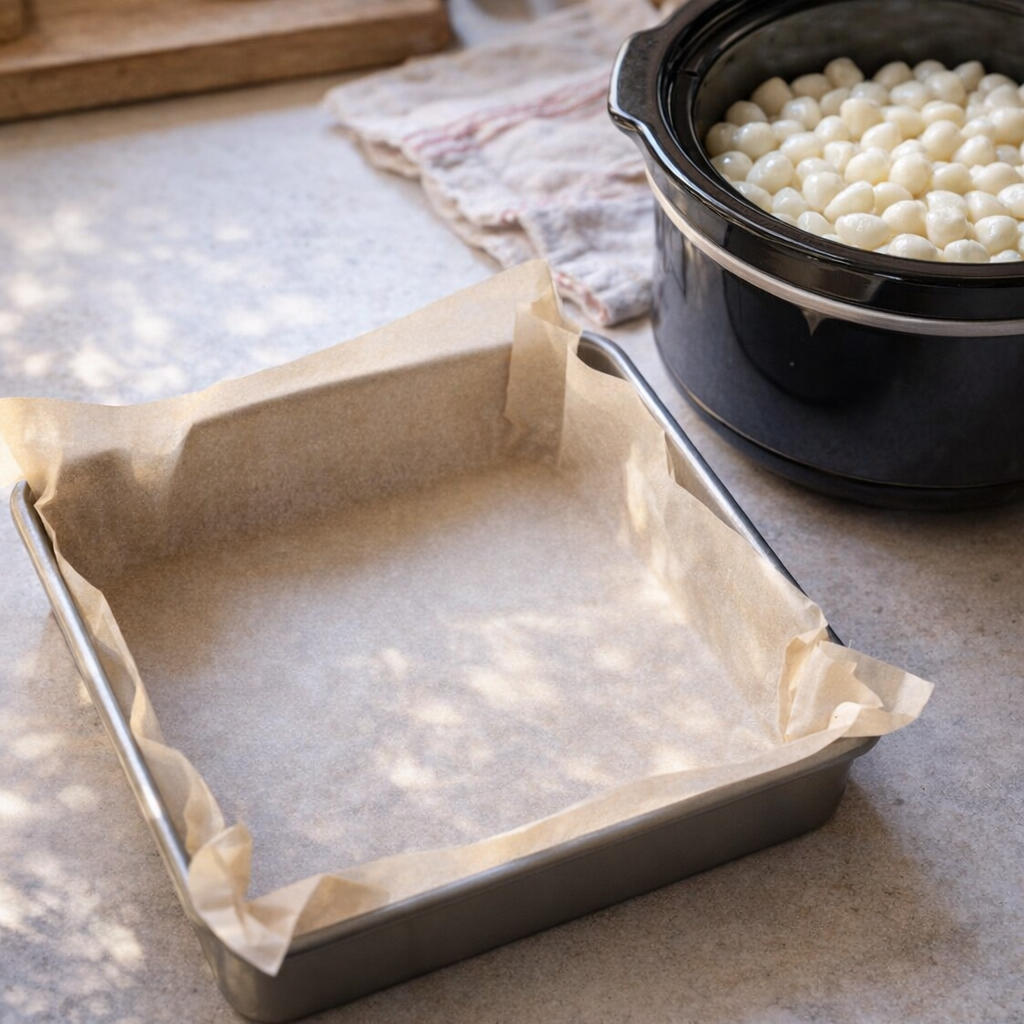Parchment-lined square pan beside a slow cooker filled with white morsels