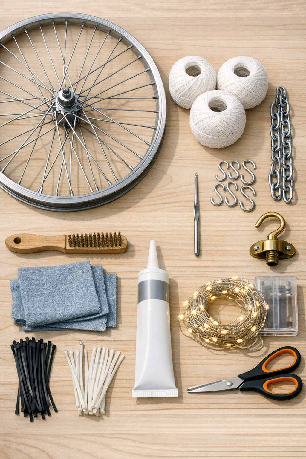 Materials for a crochet bicycle wheel chandelier laid out together