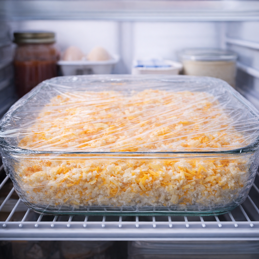 Covered make-ahead hash brown casserole ready in the refrigerator