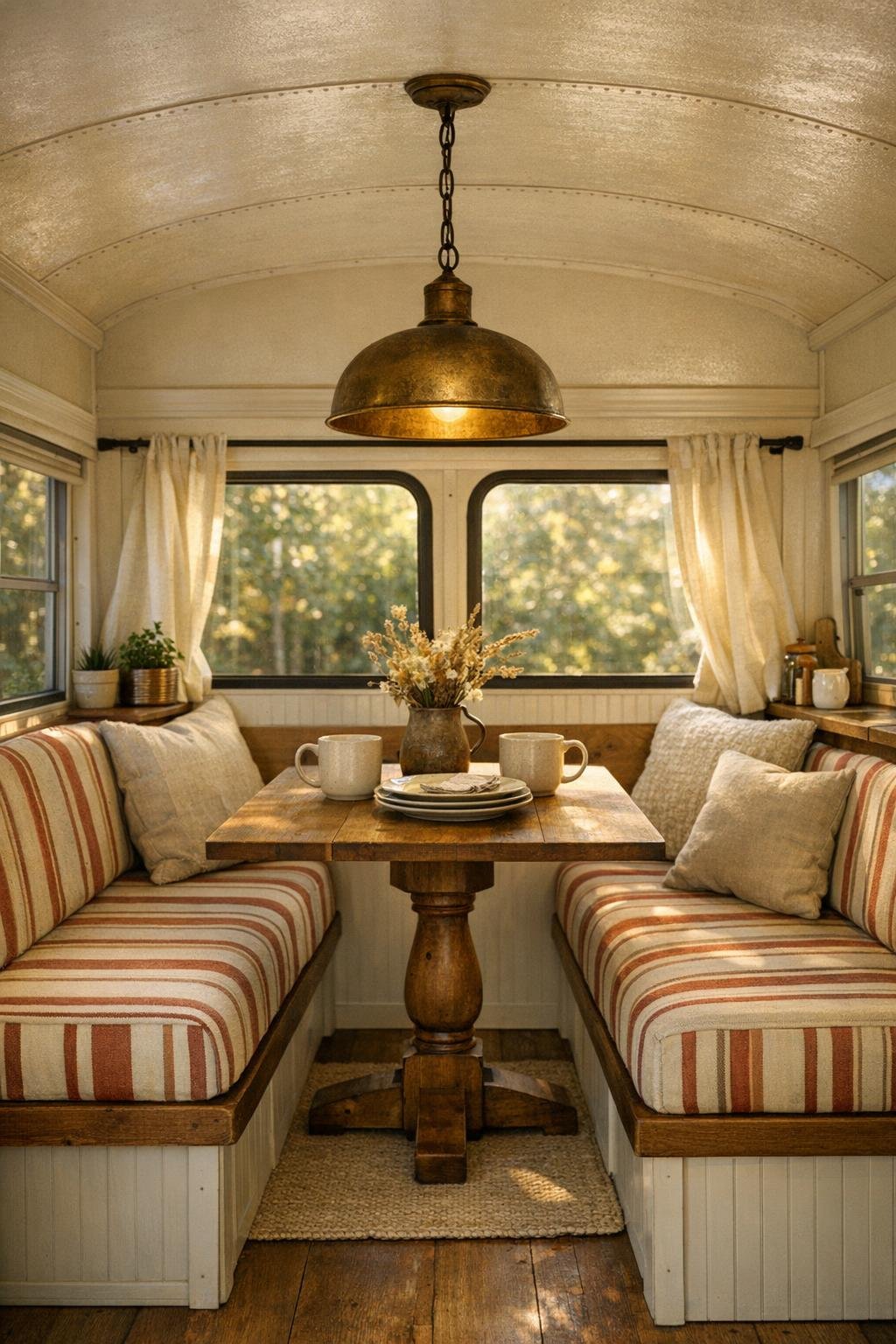 Small bus dining nook with banquette seating and pedestal table