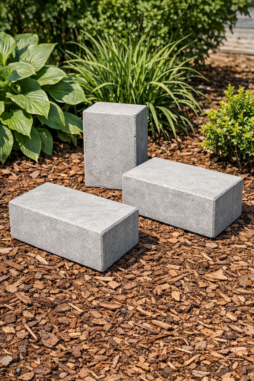 Three finished rectangular concrete yard blocks displayed outdoors