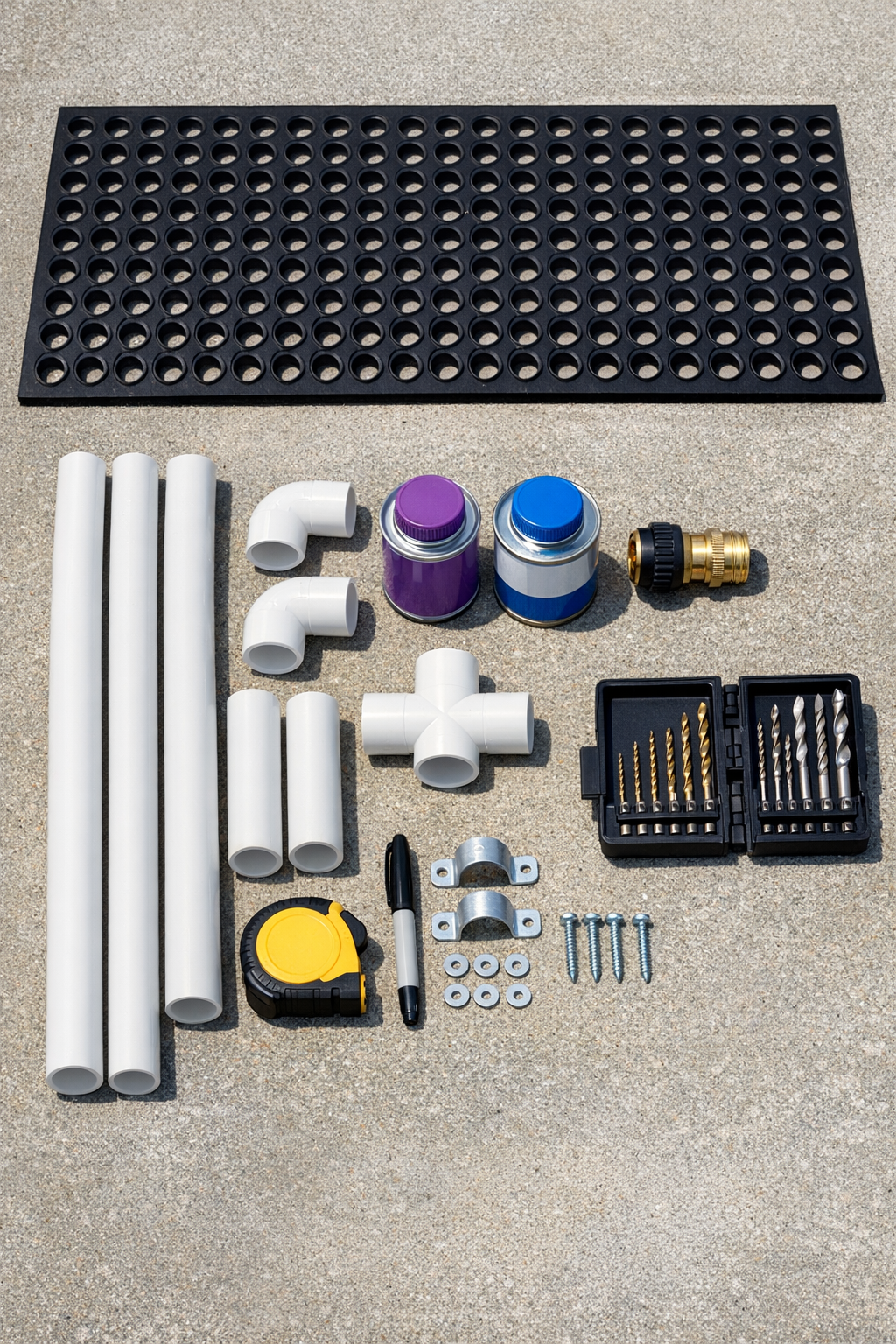 PVC shoe rinse station materials laid out neatly