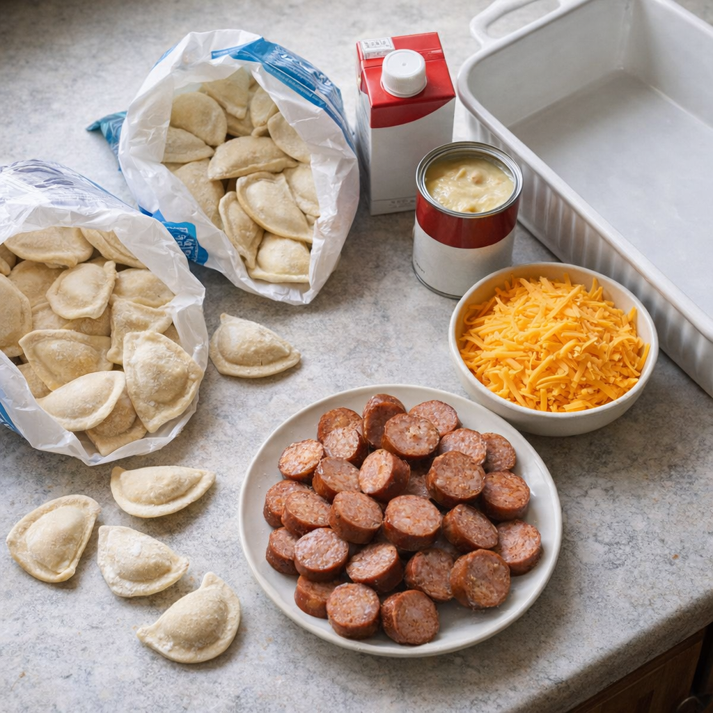 Ingredients arranged on a farmhouse counter
