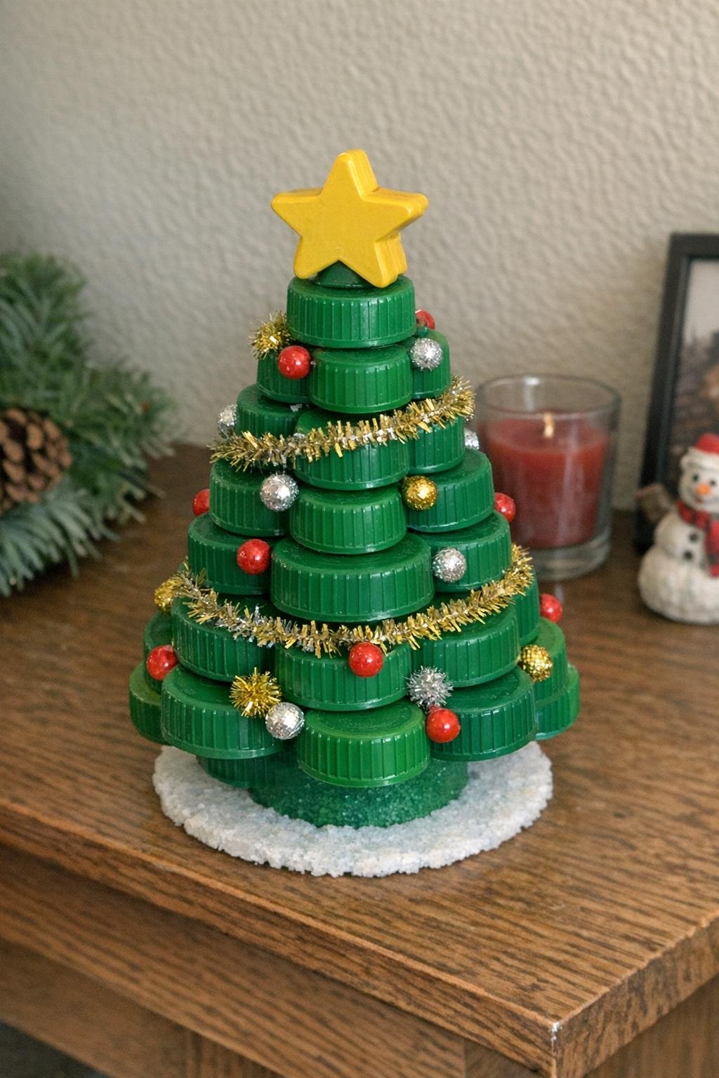 Christmas tree made from green bottle caps