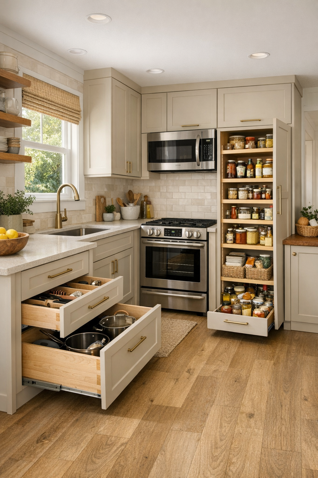 Accessible tiny home kitchen with creamy cabinets, pale quartz counters, and open pathways