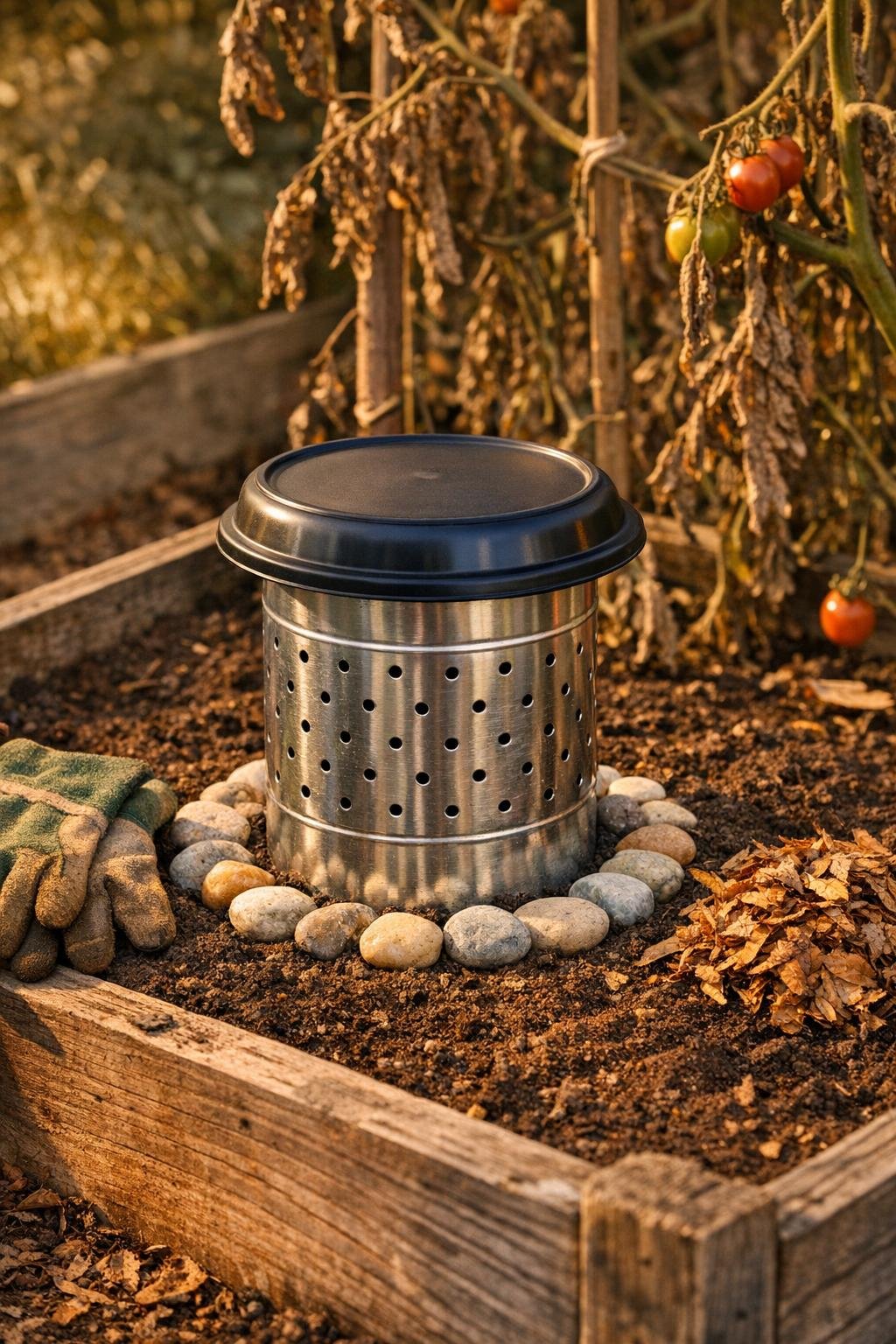 Finished raised bed worm tower made from a metal coffee can