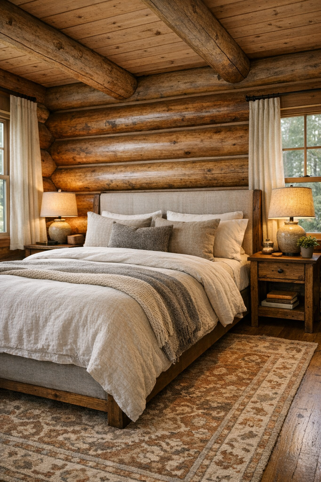 Serene log home bedroom with layered neutral bedding, handcrafted wood furniture, and soft natural light