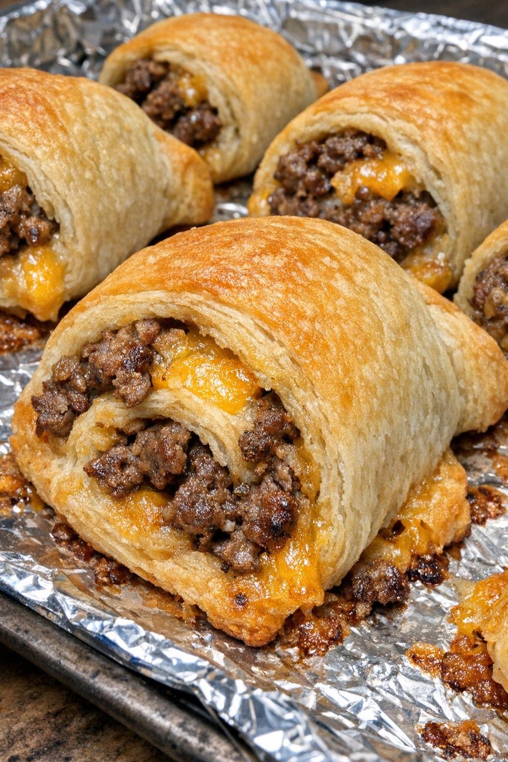 Oven baked beef crescent pinwheels on a foil-lined baking sheet