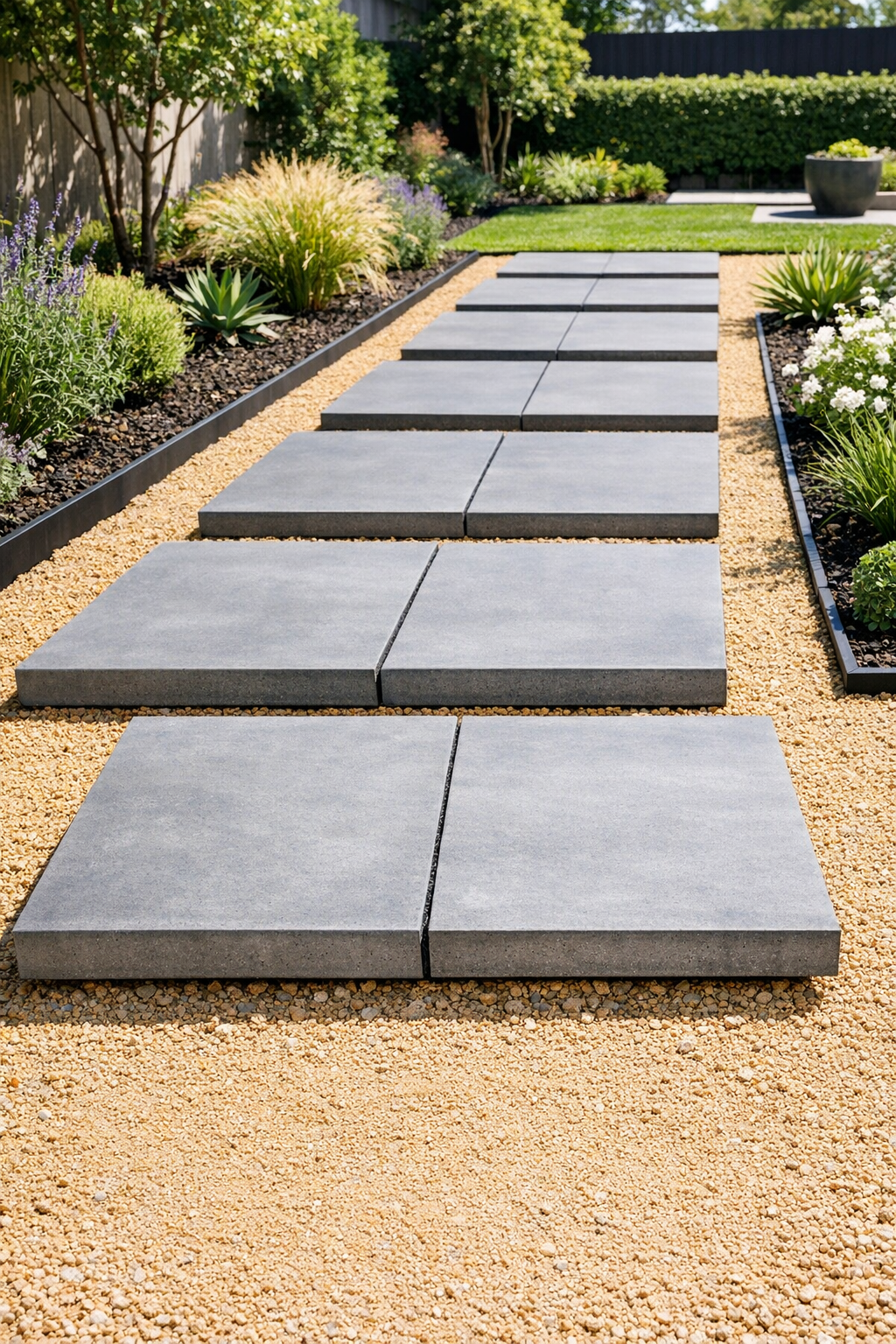 Finished floating pathway with gray square concrete pavers over decomposed granite