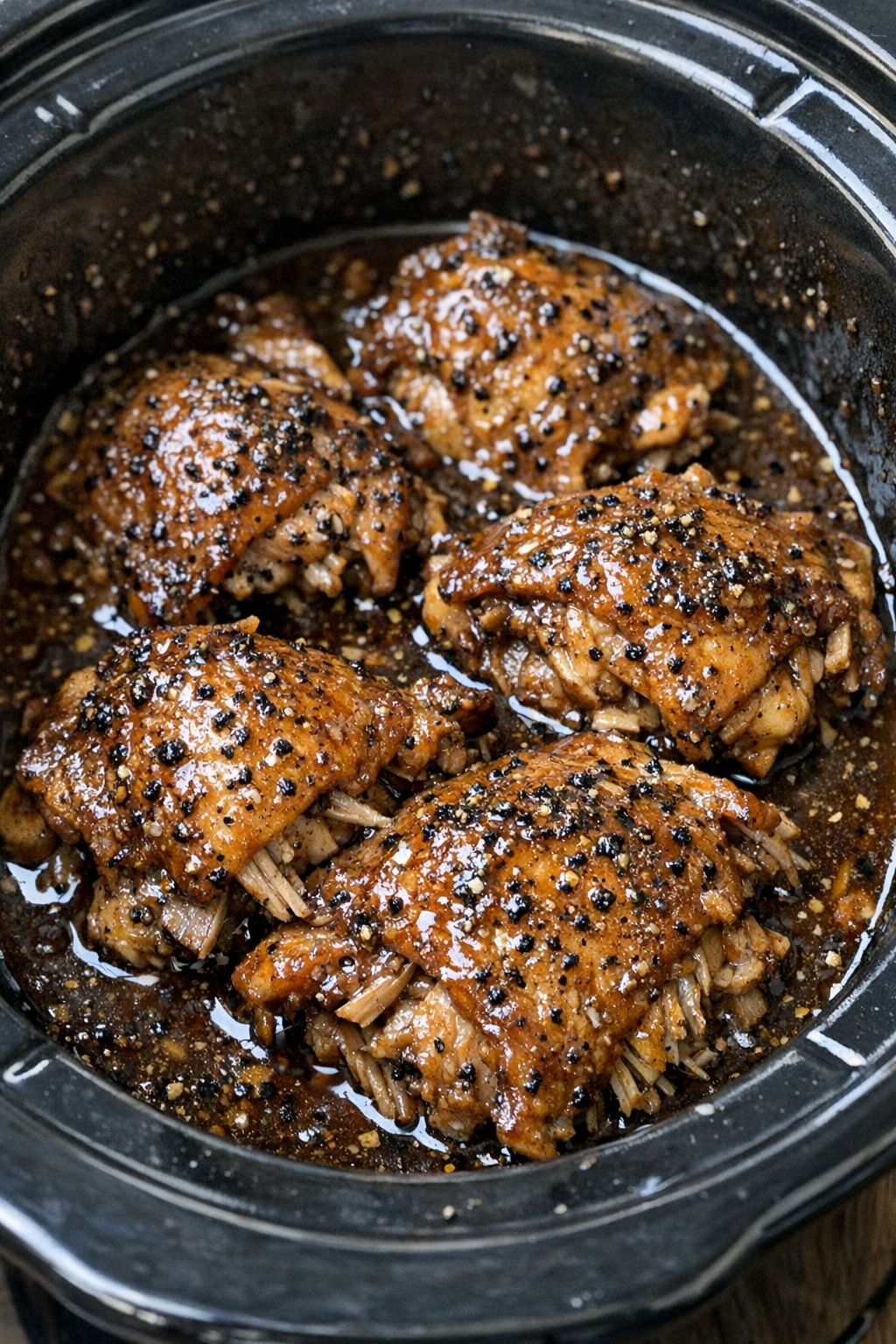 Slow cooker Amish black pepper chicken in a black slow cooker