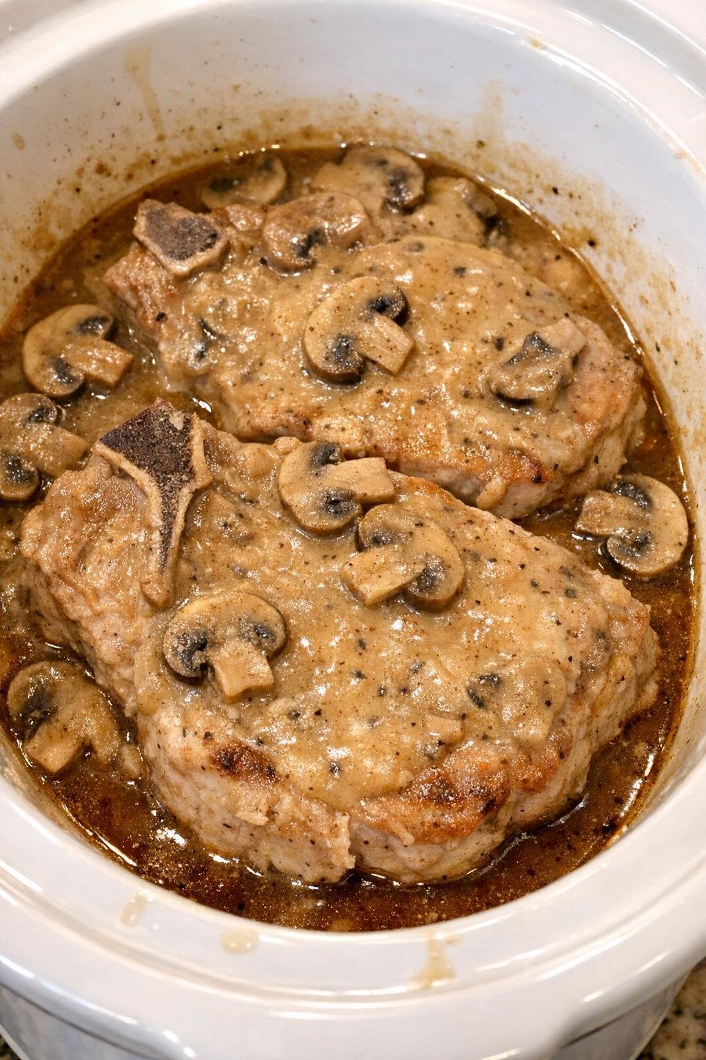 Slow cooker mushroom gravy pork chops in a white slow cooker