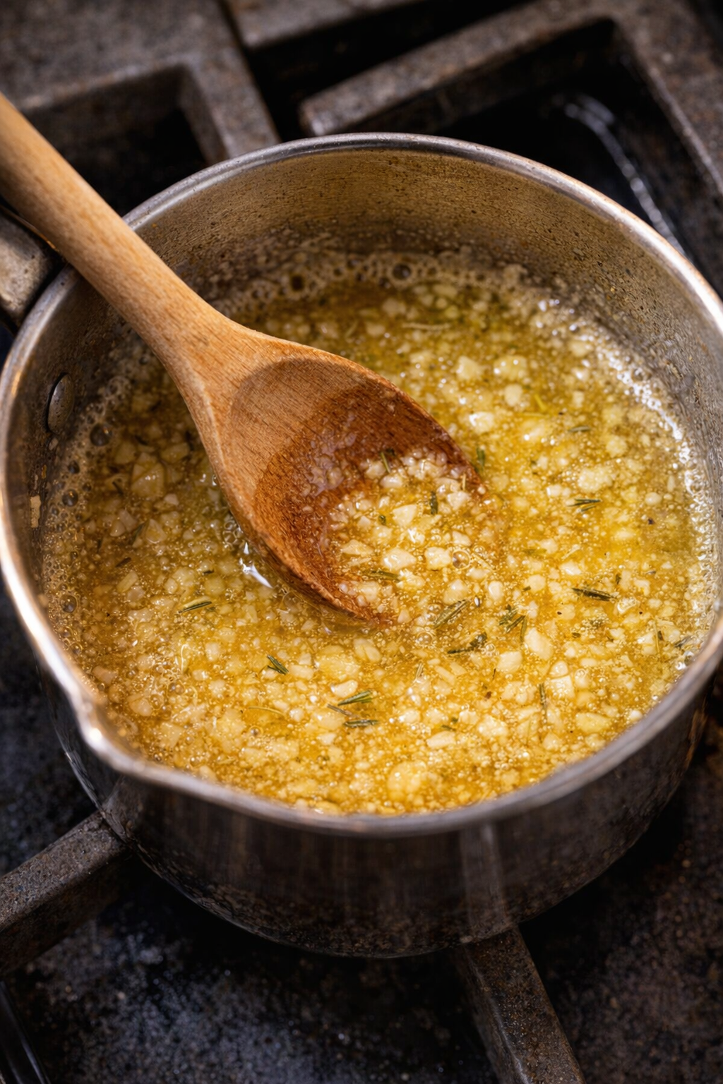 Melted butter and garlic being stirred in a small saucepan