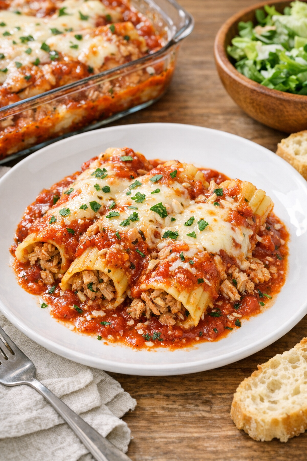 Finished baked garlic and herb tuna manicotti plated with melted cheese and sauce