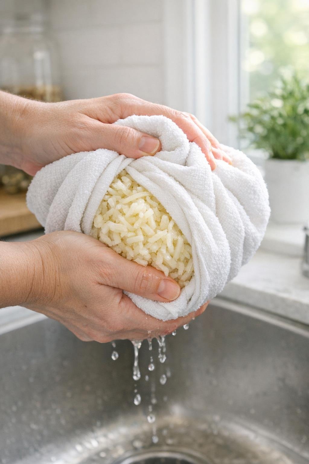 Thawed hash browns being squeezed in a towel