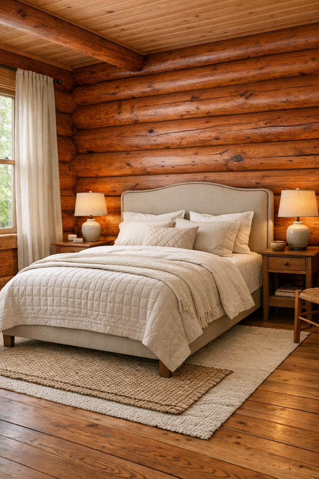 Serene log home bedroom with upholstered bed, layered bedding, and soft natural textiles
