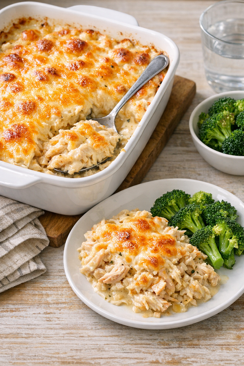 Finished creamy baked chicken in a ceramic baking dish