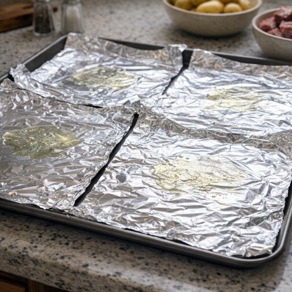 Foil sheets arranged on a baking sheet for packet dinners