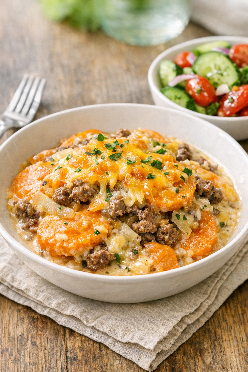 Plated sweet potato casserole served with a fresh summer side