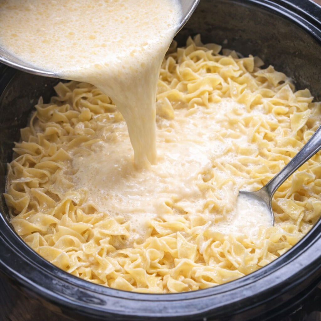 Custard poured over egg noodles in a slow cooker crock