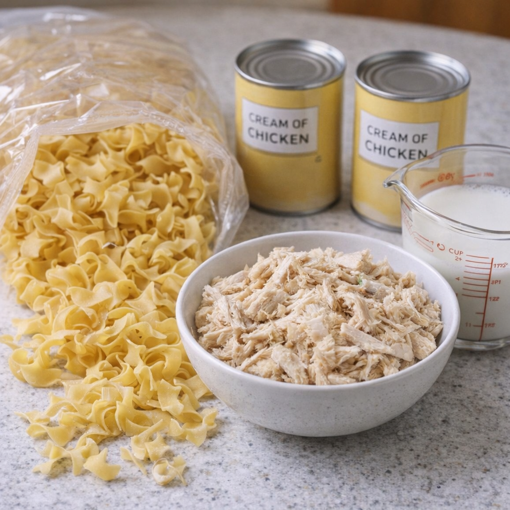 Simple casserole ingredients arranged on a kitchen counter