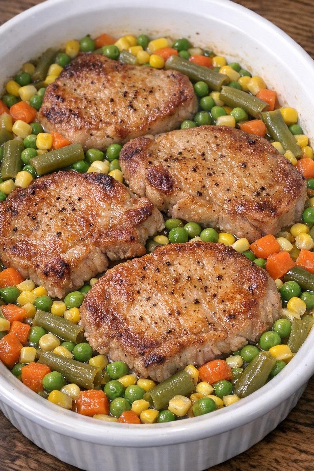 Golden browned pork chops in mixed vegetables in a white oval casserole dish