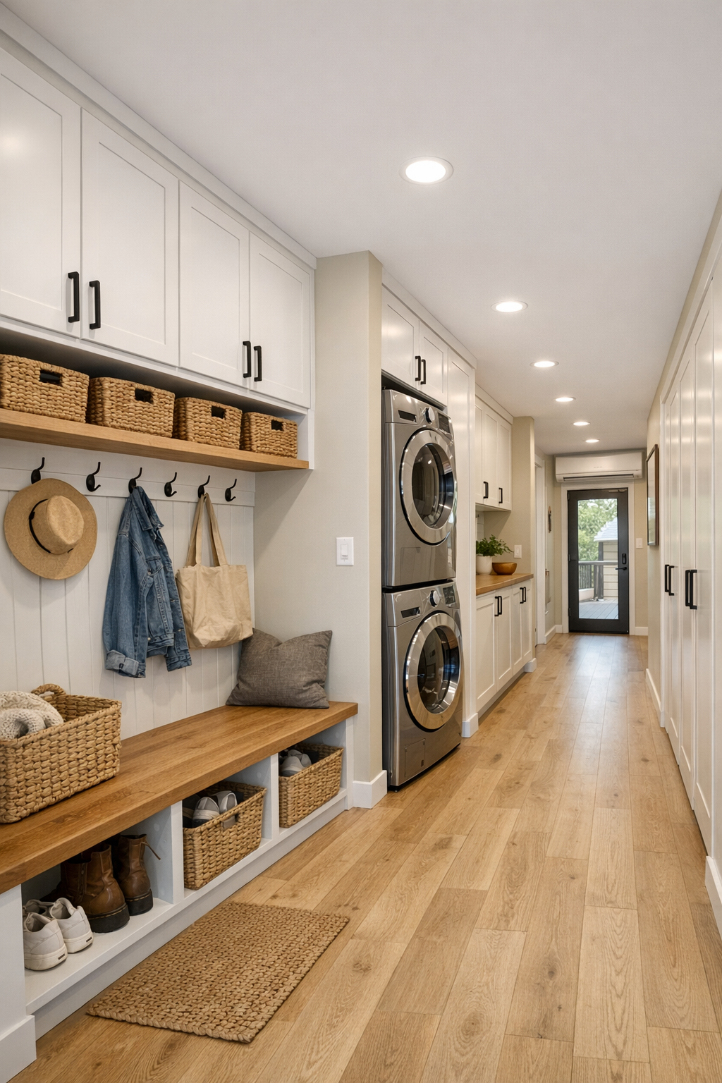 Functional hallway and mudroom area with built-in storage and warm modern finishes