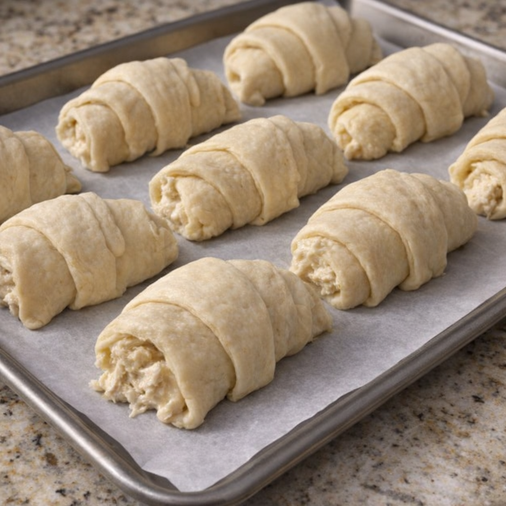 Unbaked crescent rolls filled and arranged on a baking sheet