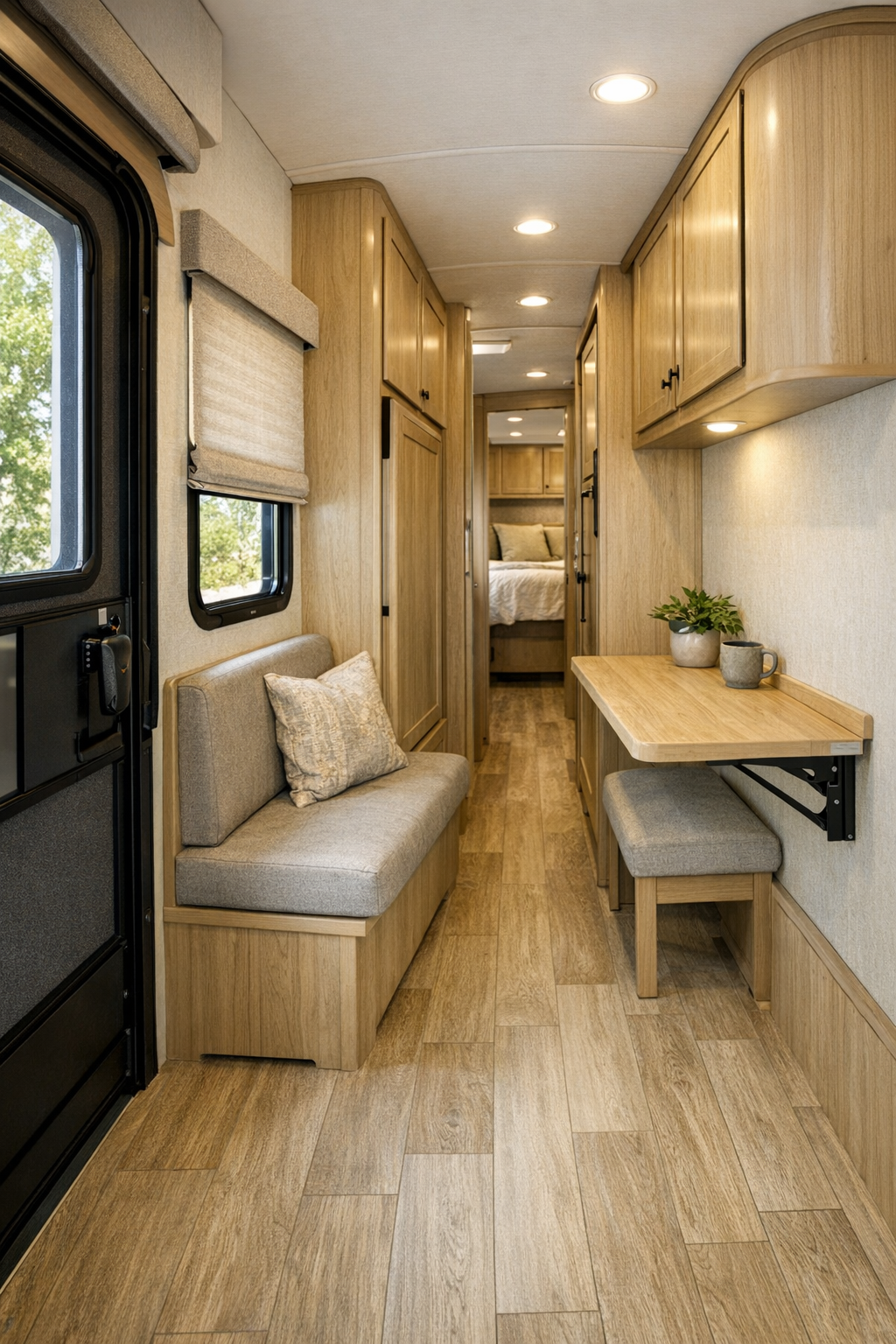 RV entry and corridor area with built-in bench and pale wood storage