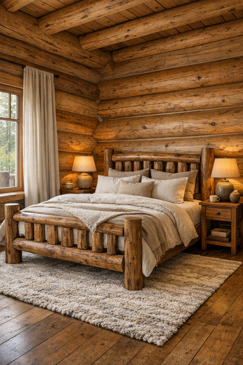 Bedroom with a handcrafted wood bed, layered neutral linens, soft rug, and warm log walls