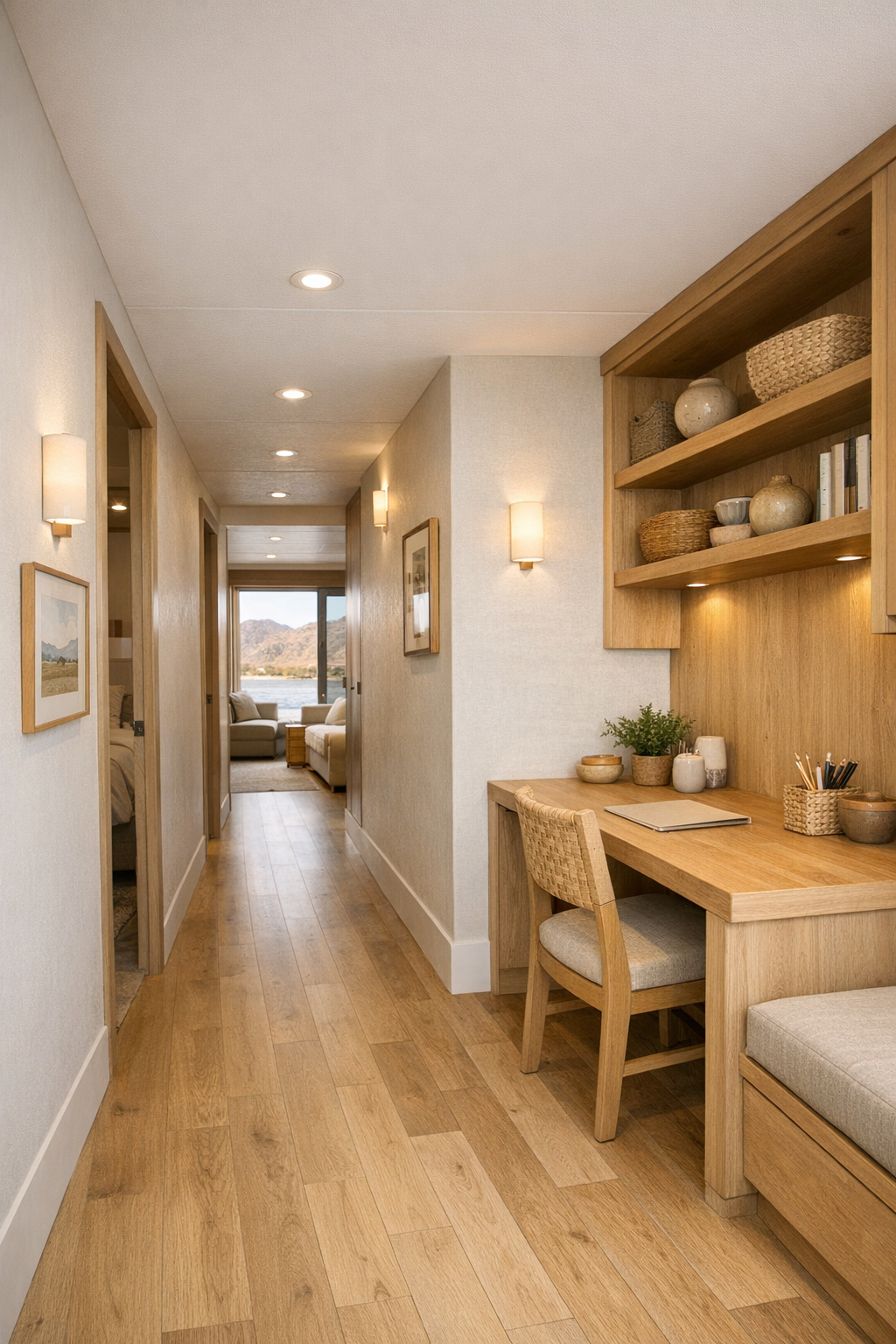 Thoughtful secondary area with wide hallway, built-in desk nook, and soft desert-modern finishes