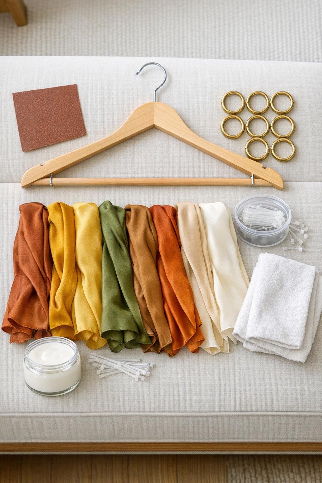 Materials for a wooden hanger scarf organizer laid out neatly