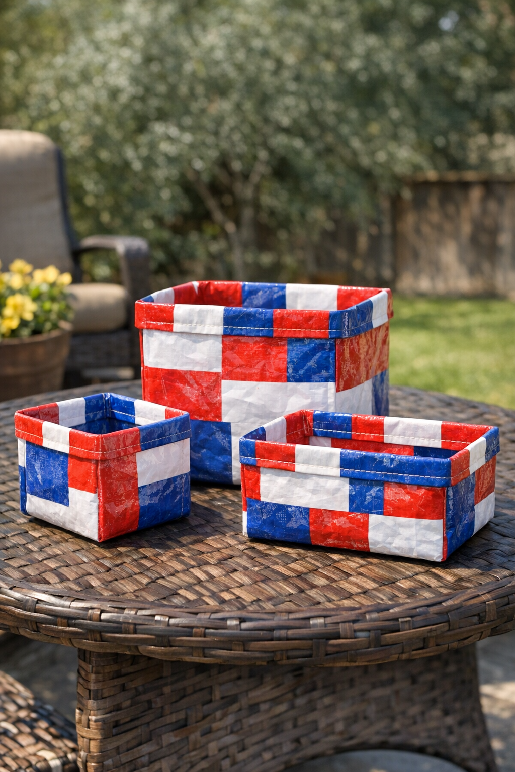 Finished red, white, and blue outdoor utility boxes on a patio table